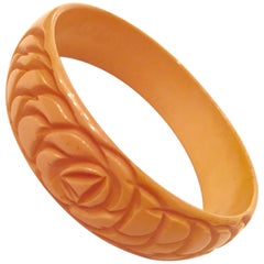 1930'S Bakelite Carved Rose Butterscotch Bangle Bracelet 12