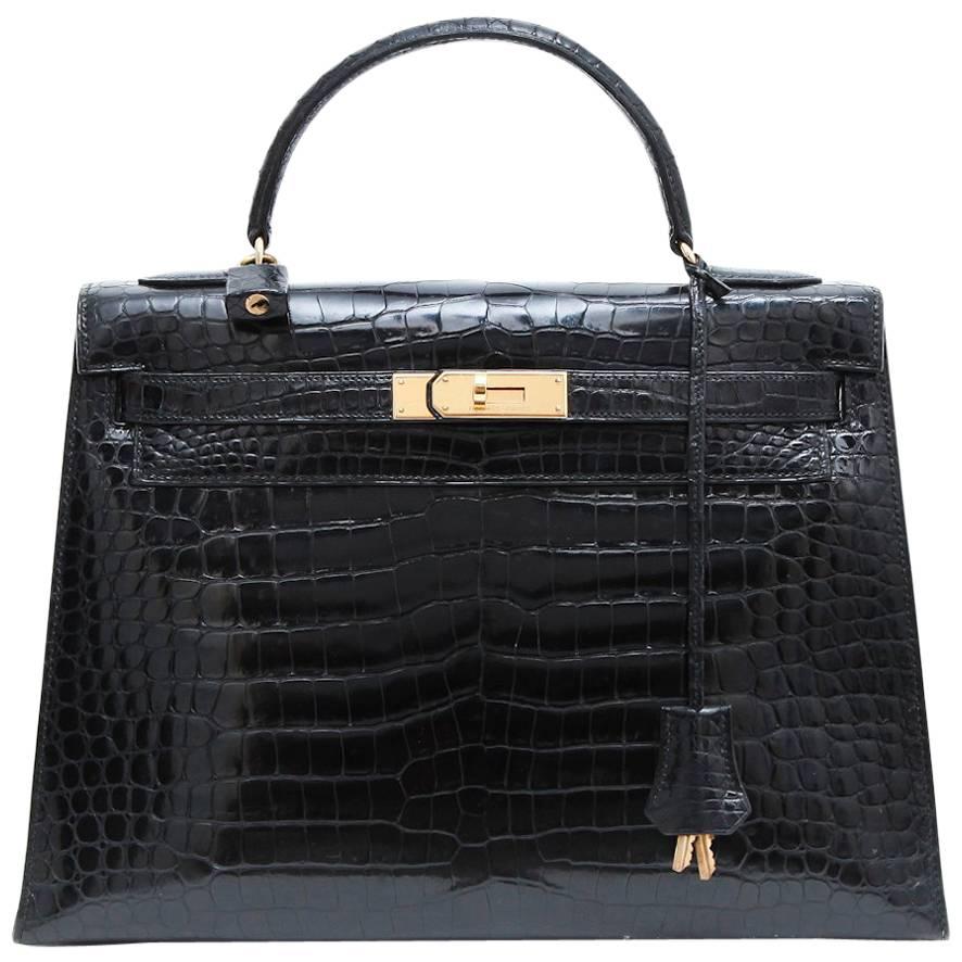 Vintage HERMES 'Kelly' 32 Black Crocodile Porosus Handbag