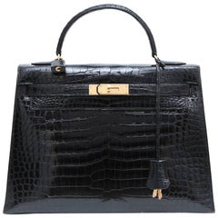 Vintage HERMES 'Kelly' 32 Black Crocodile Porosus Handbag