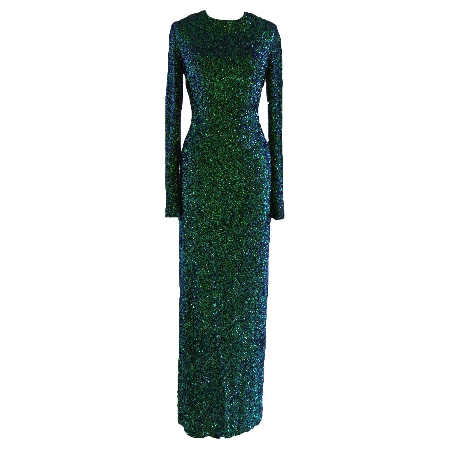 Lorry Newhouse Floor Length Sequin Dress with Long Sleeves - Turquoise For Sale