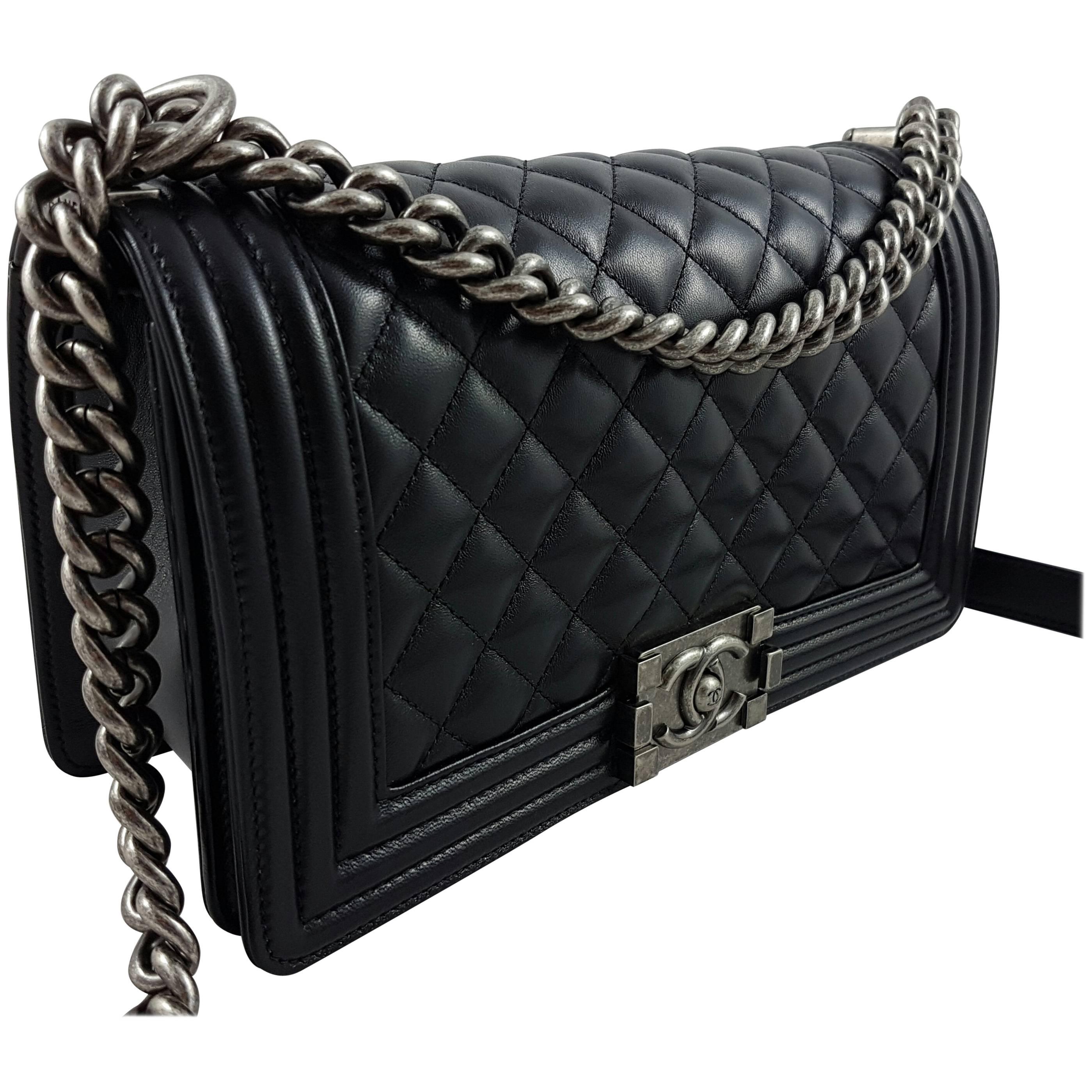 Chanel Medium Boy Bag Quilted Leather Black with Silver Hardware