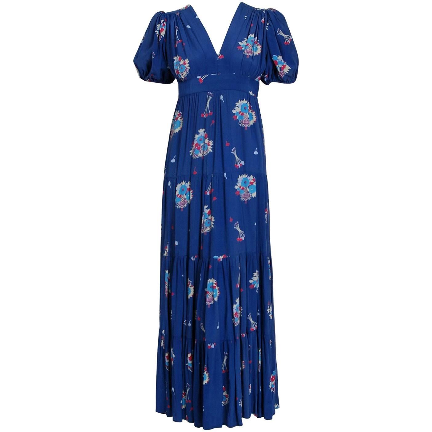 1970's Ossie Clark Blue Floral Celia Birtwell Print Rayon Puff-Sleeve Dress