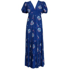 Retro 1970's Ossie Clark Blue Floral Celia Birtwell Print Rayon Puff-Sleeve Dress