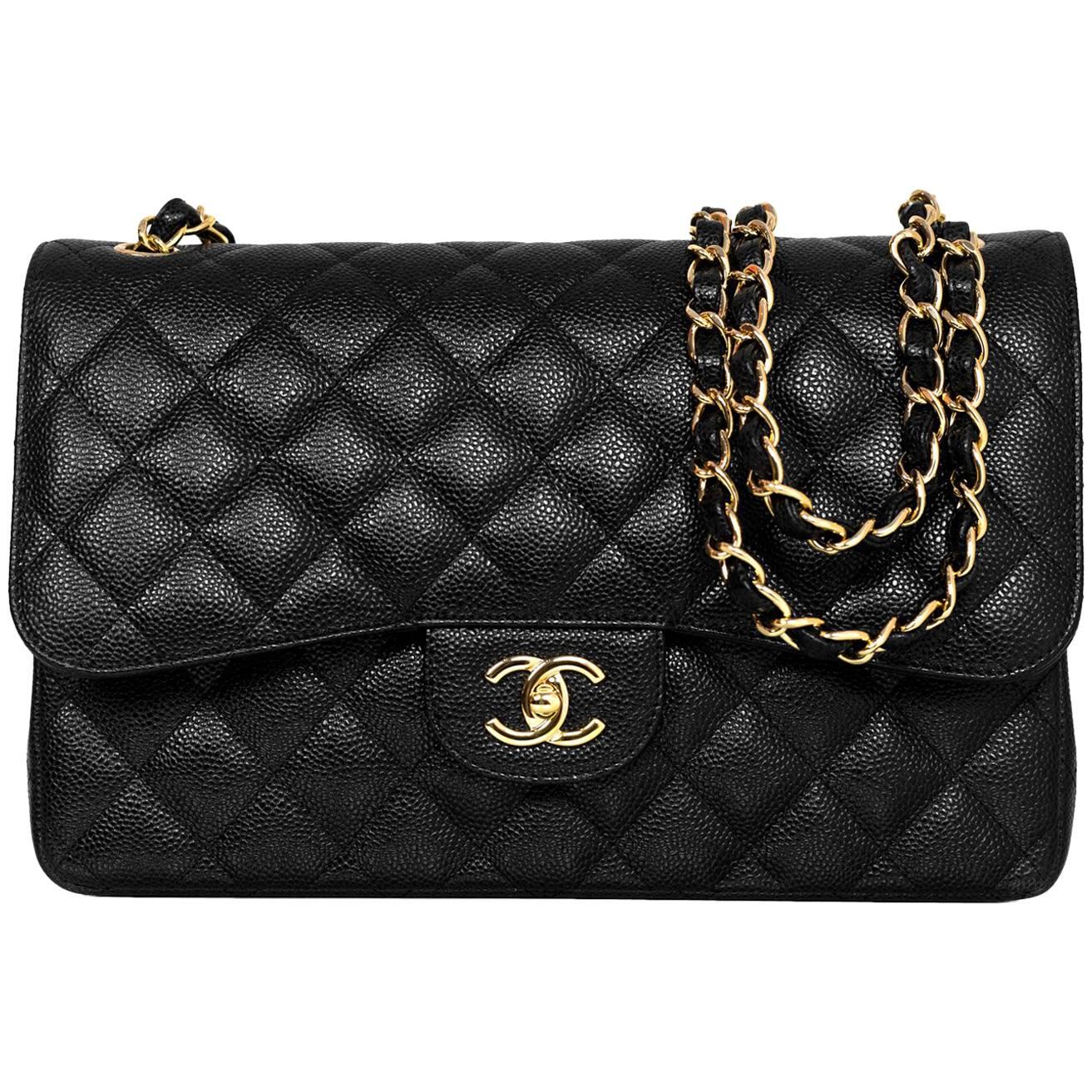 Chanel 2017 Black Quilted Caviar Leather Jumbo Double Flap Bag w/ Box/Card/DB