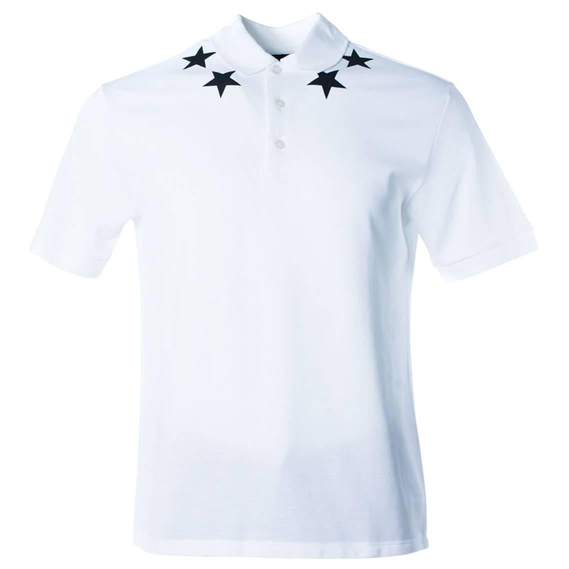 Givenchy Men's White Polo Black Star Embroidered Shirt For Sale