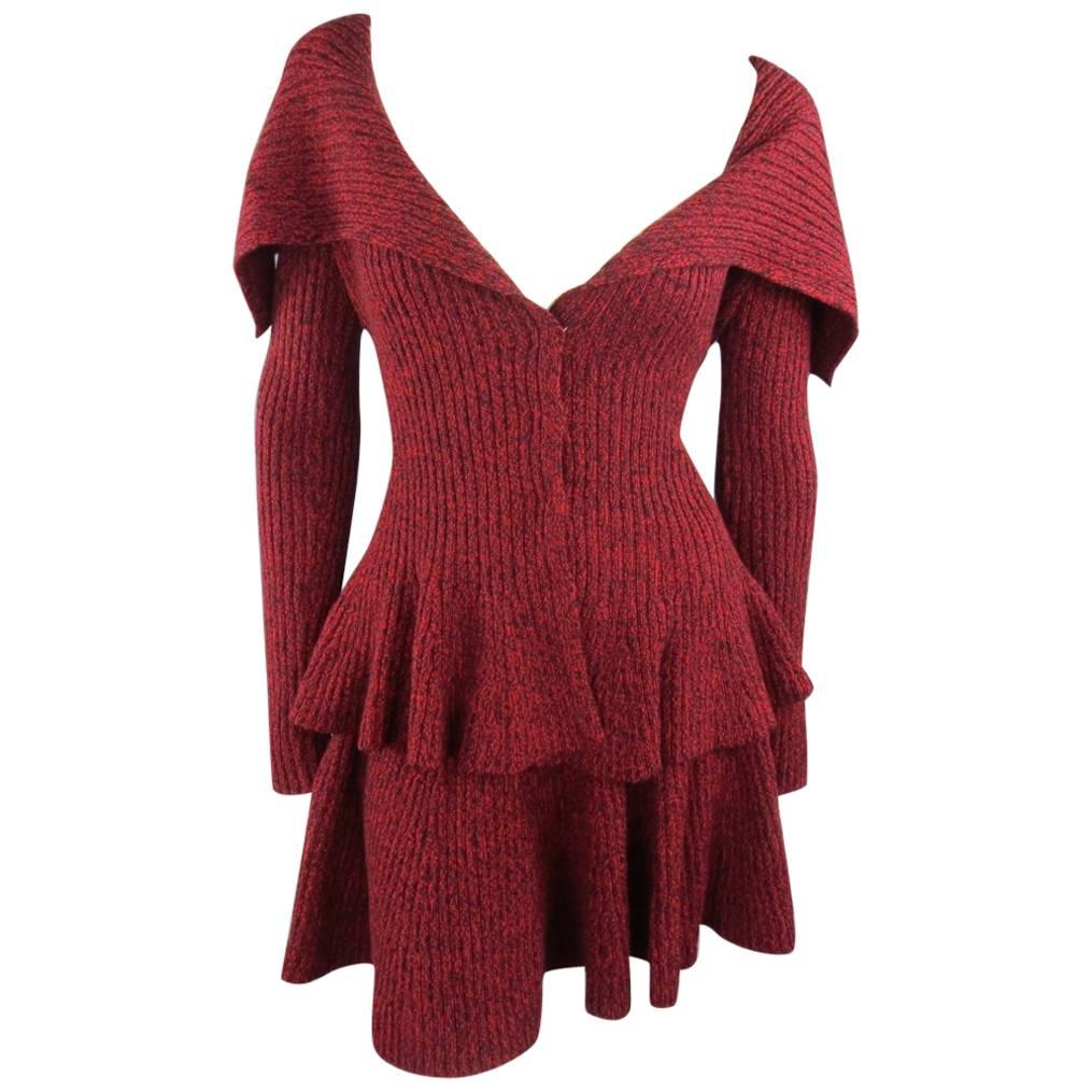 ALEXANDER MCQUEEN Size S Burgundy Wool Shawl Collar Peplum Cardigan Skirt Set