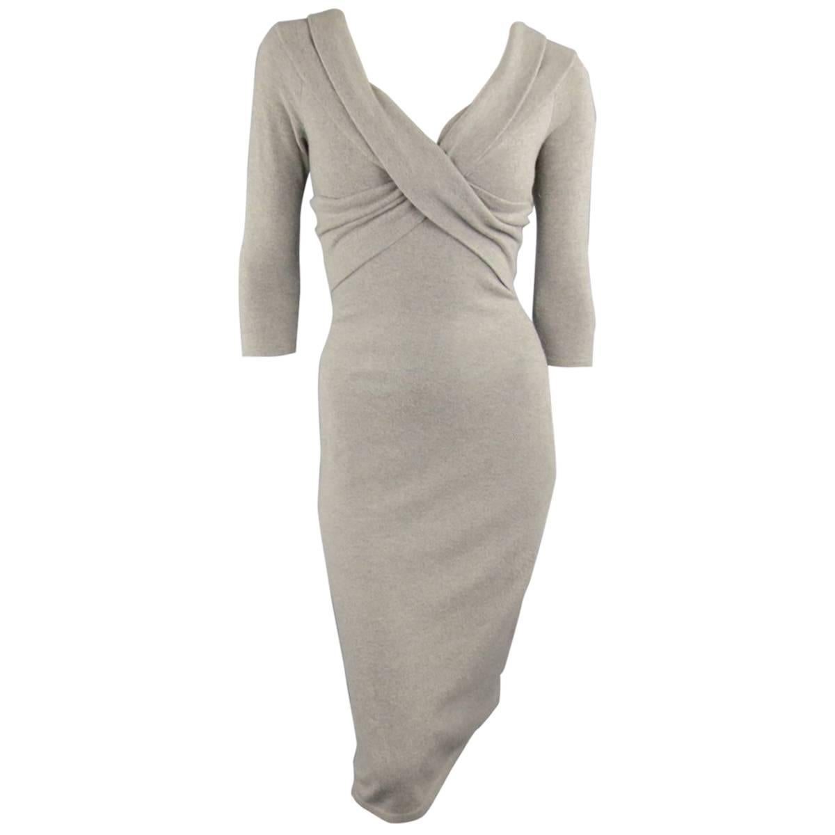 RALPH LAUREN Size S Grey Cashmere Blend Wrap FROnt 3/4 Sleeve Sheath Dress
