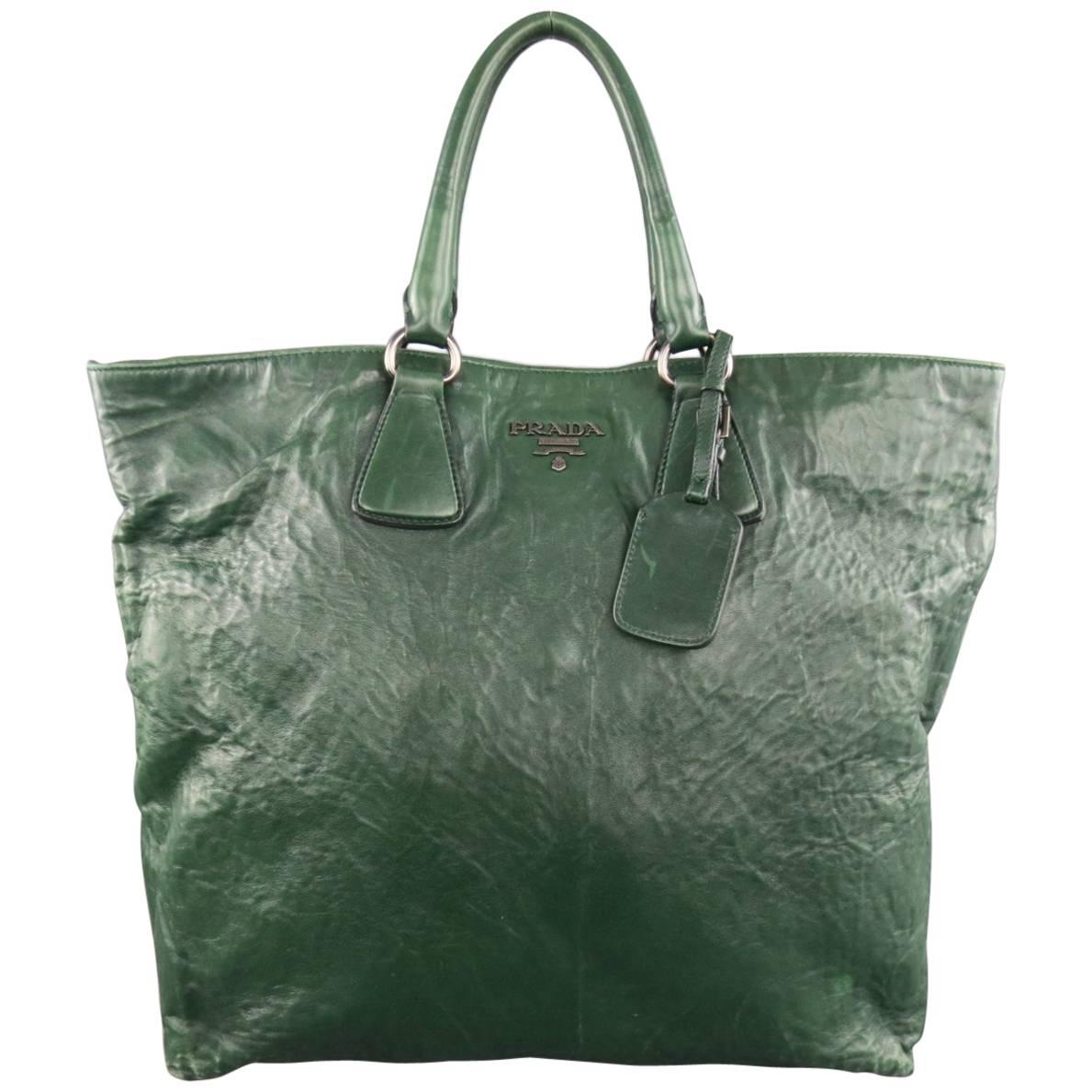 PRADA Green Textured Leather Tote Handbag