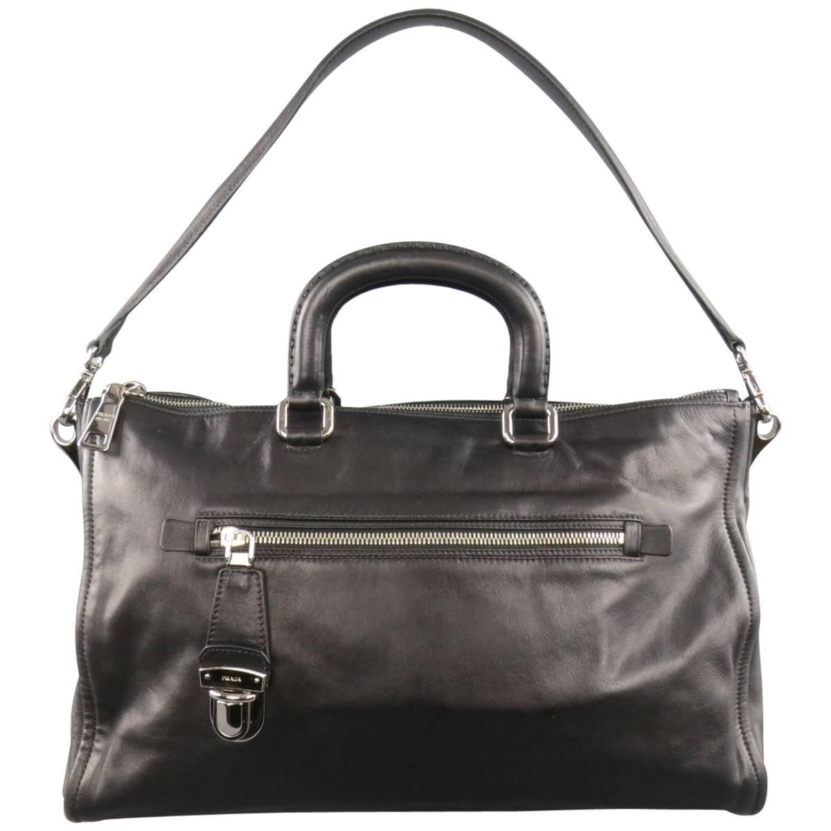 PRADA Black Leather Snap Zipper Shoulder Handbag