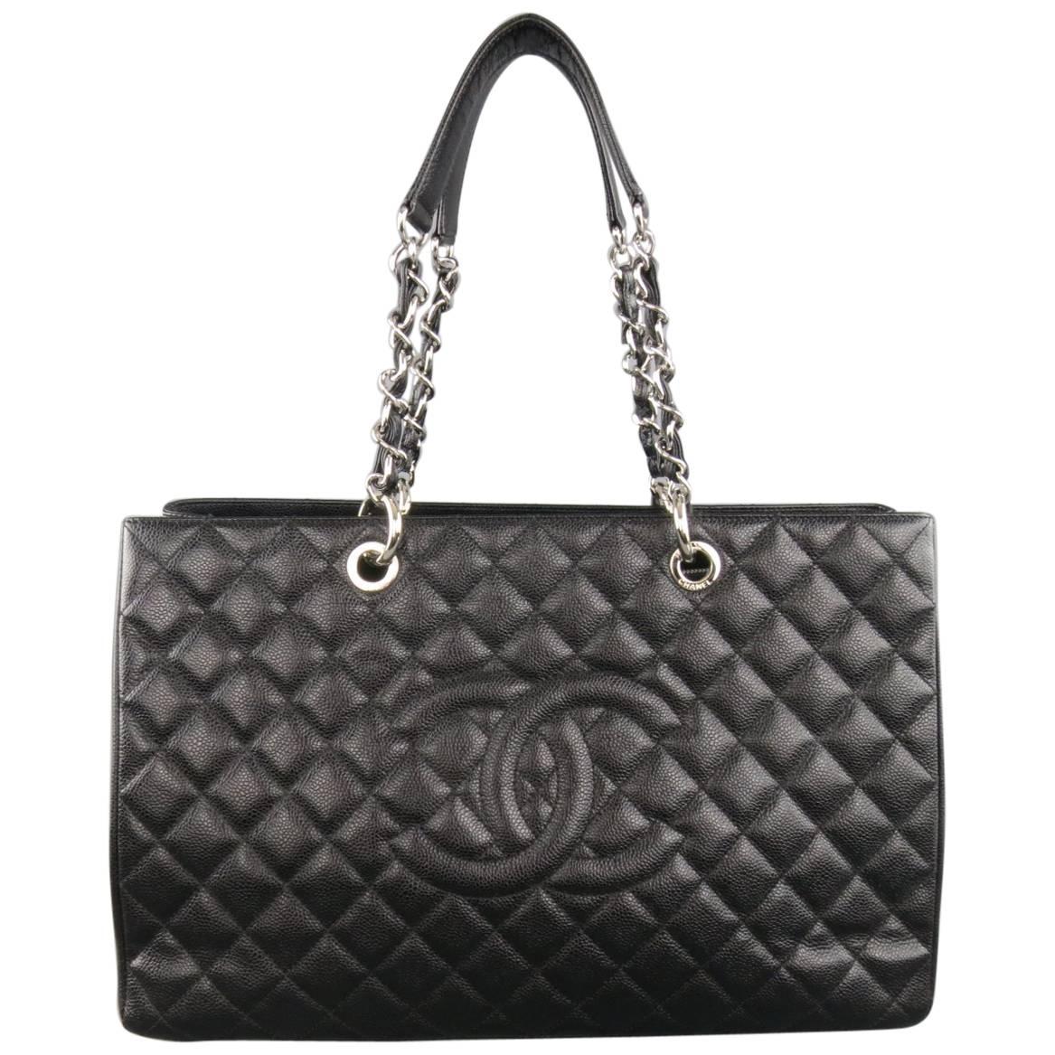 CHANEL Black Quilted Caviar Leather Silver Chain GRAND SHOPPER