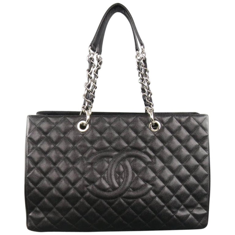 CHANEL Black Quilted Caviar Leather Silver Chain GRAND SHOPPER Tote