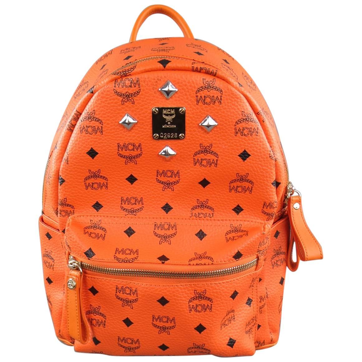 MCM Orange Monogram Coated Canvas Studded Backpack