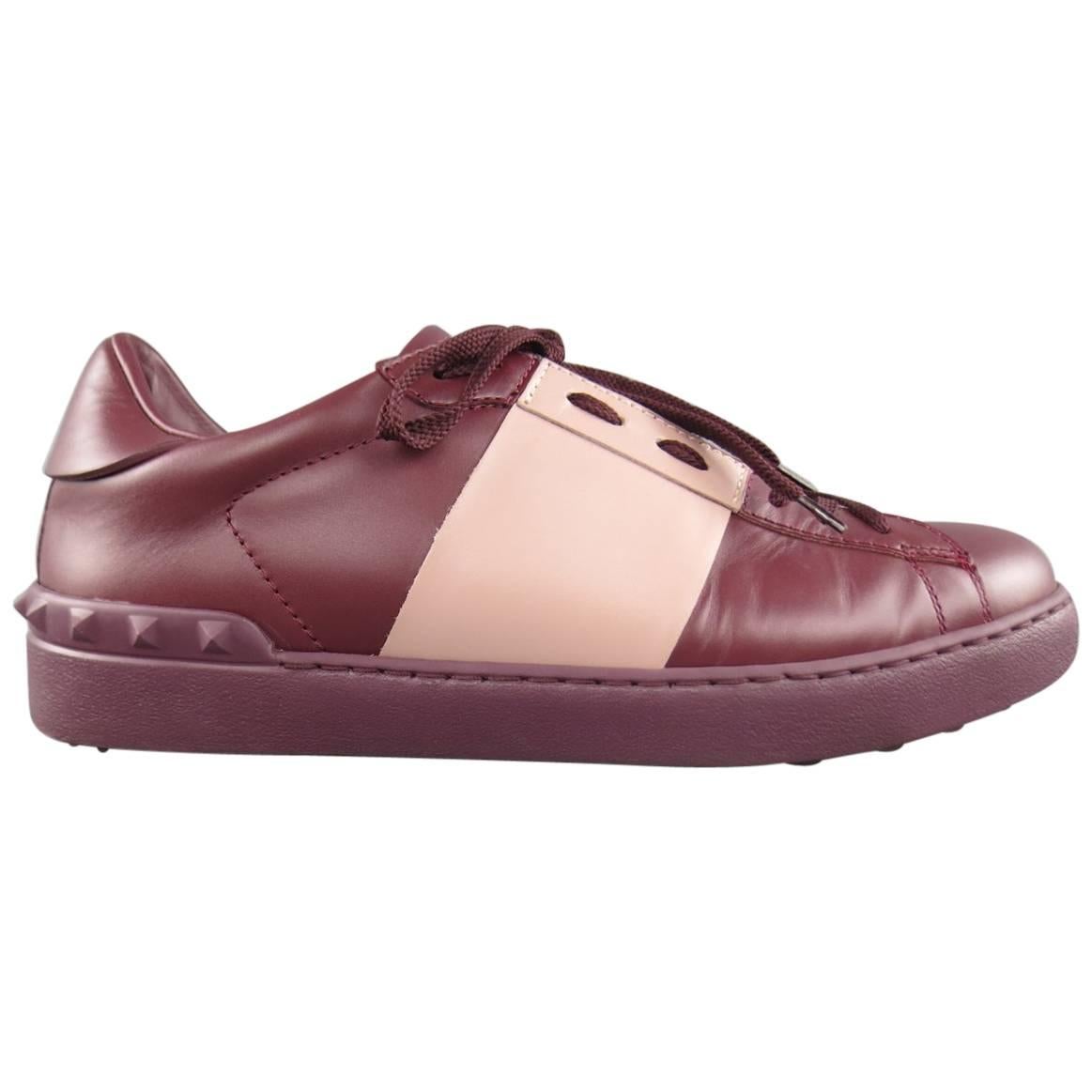 Men's VALENTINO Size 7.5 Burgundy & Mauve Two Toned Leather Rockstud Sneakers