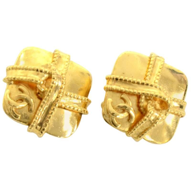Chanel Gold Tone CC Logo Square Shaped Earrings