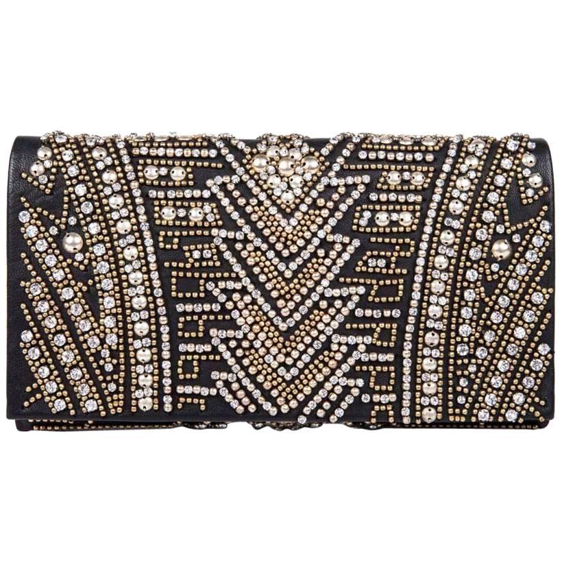 BALMAIN Clutch in Crumpled Leather, Studded in Golden Color and Rhinestones