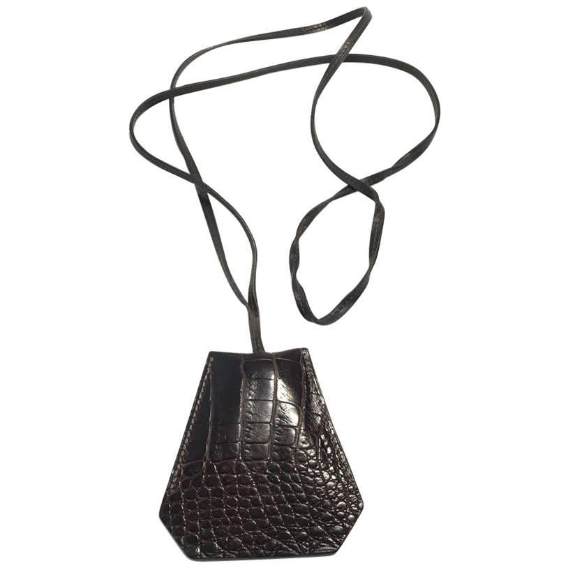 HERMES Key Ring Clochette 'Le Touquet' in Brown Crocodile Leather