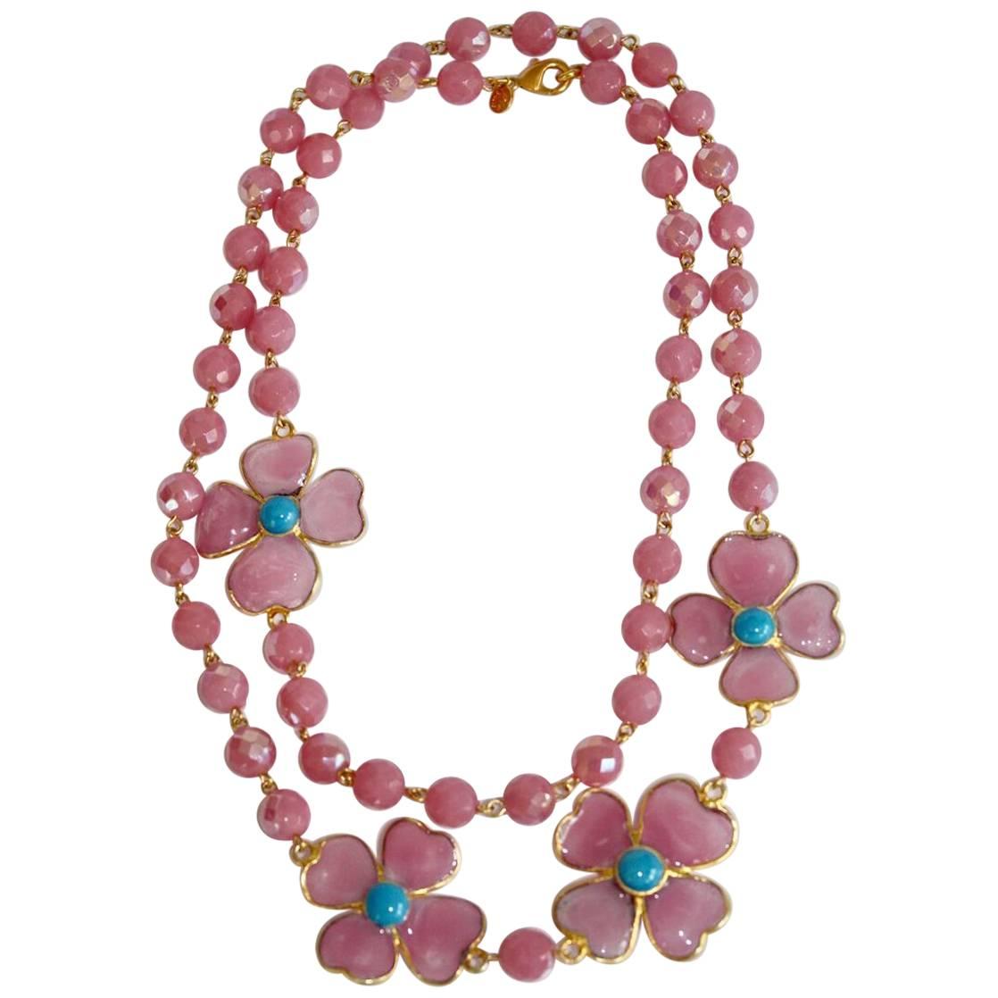 Francoise Montague Pink and Turquoise Pate de Verre Glass Amalfi Necklace