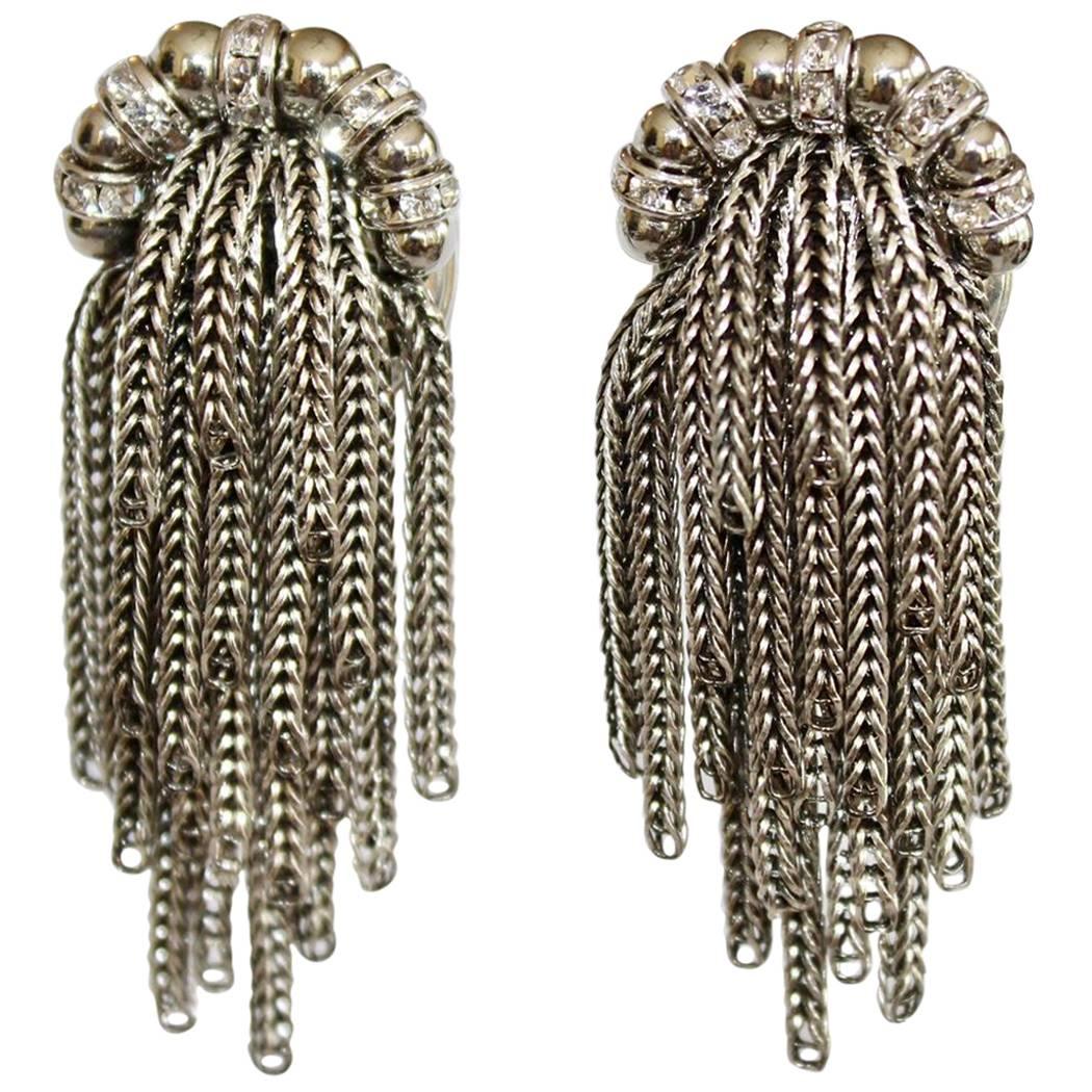 Francoise Montague Park Avenue Rhodium Tassel Clip Earrings