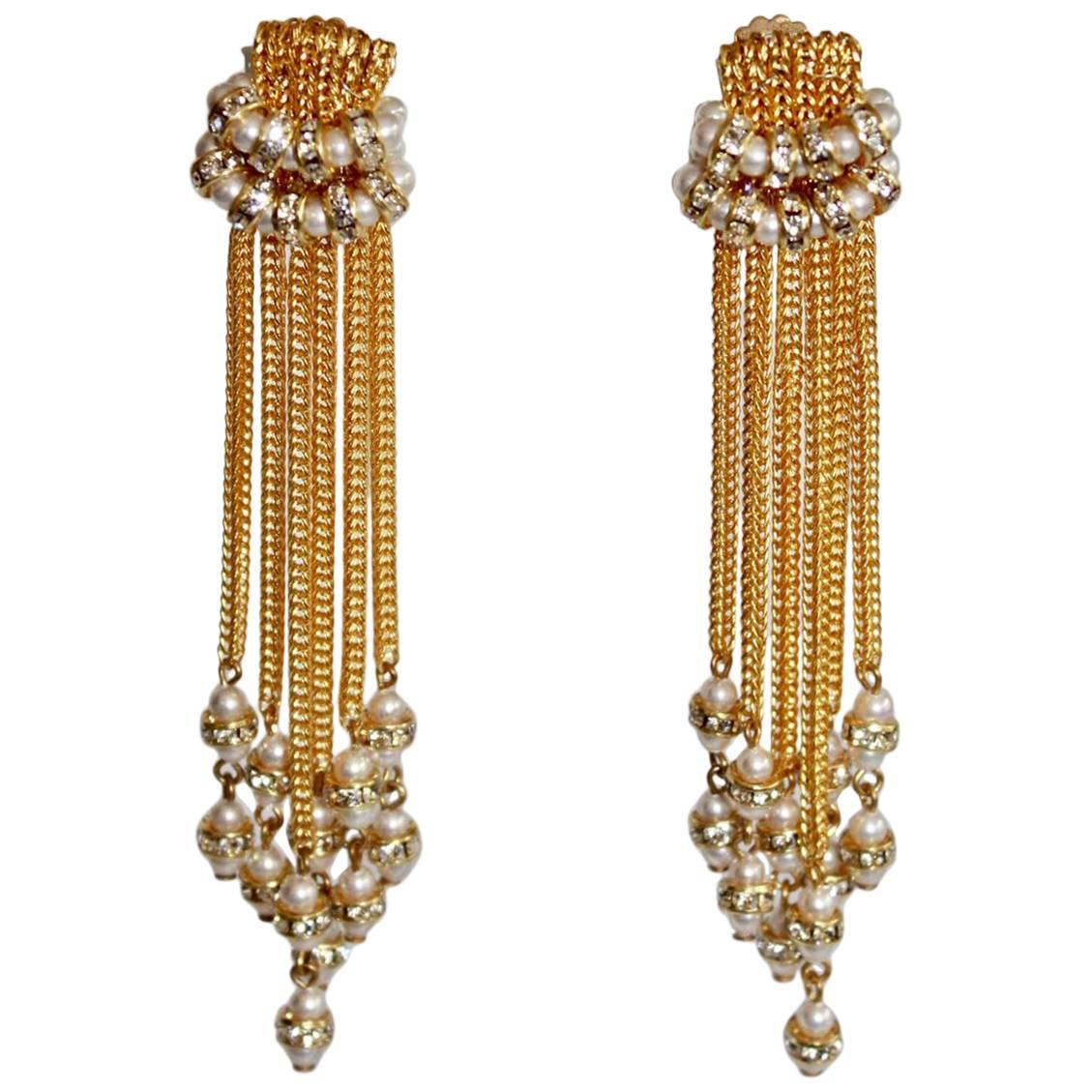Francoise Montague Gold Tassel Clip Earrings with Glass Pearls and Crystals