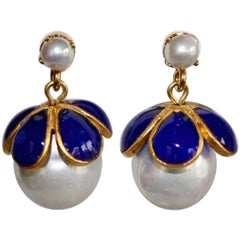 Francoise Montague Drop Pierced Glass Pearl and Lapis Pate de Verre Earrings