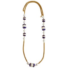Francoise Montague Glass Pearl and Lapis Blue Pate de Verre Sautoir Necklace