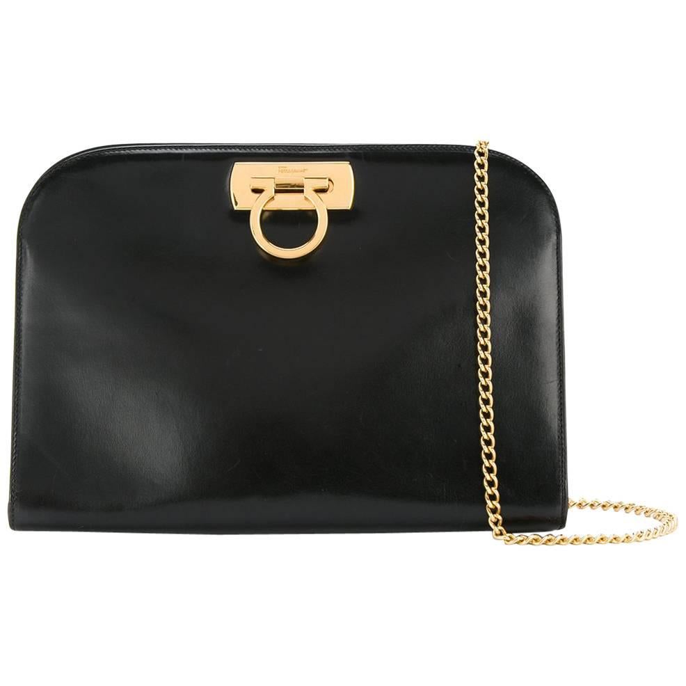 Salvatore Ferragamo Black Leather Envelope 2 in 1 Clutch Flap Shoulder Bag