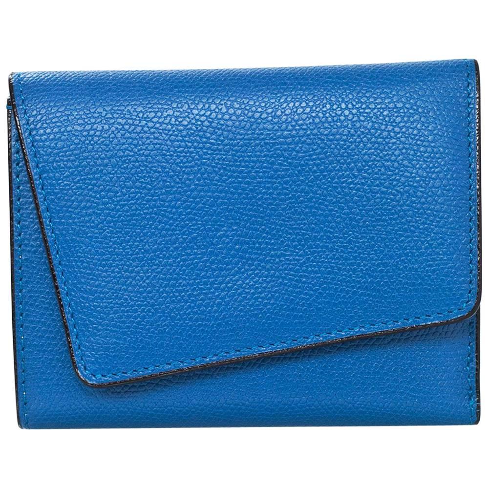 Valextra Blue Asymmetrical Grained Leather Wallet NIB rt. $795