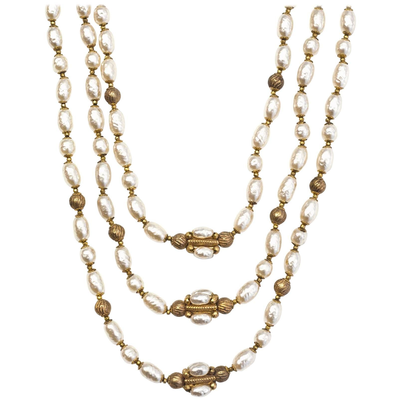 Miriam Haskell Goldtone and Faux Pearl Necklace For Sale
