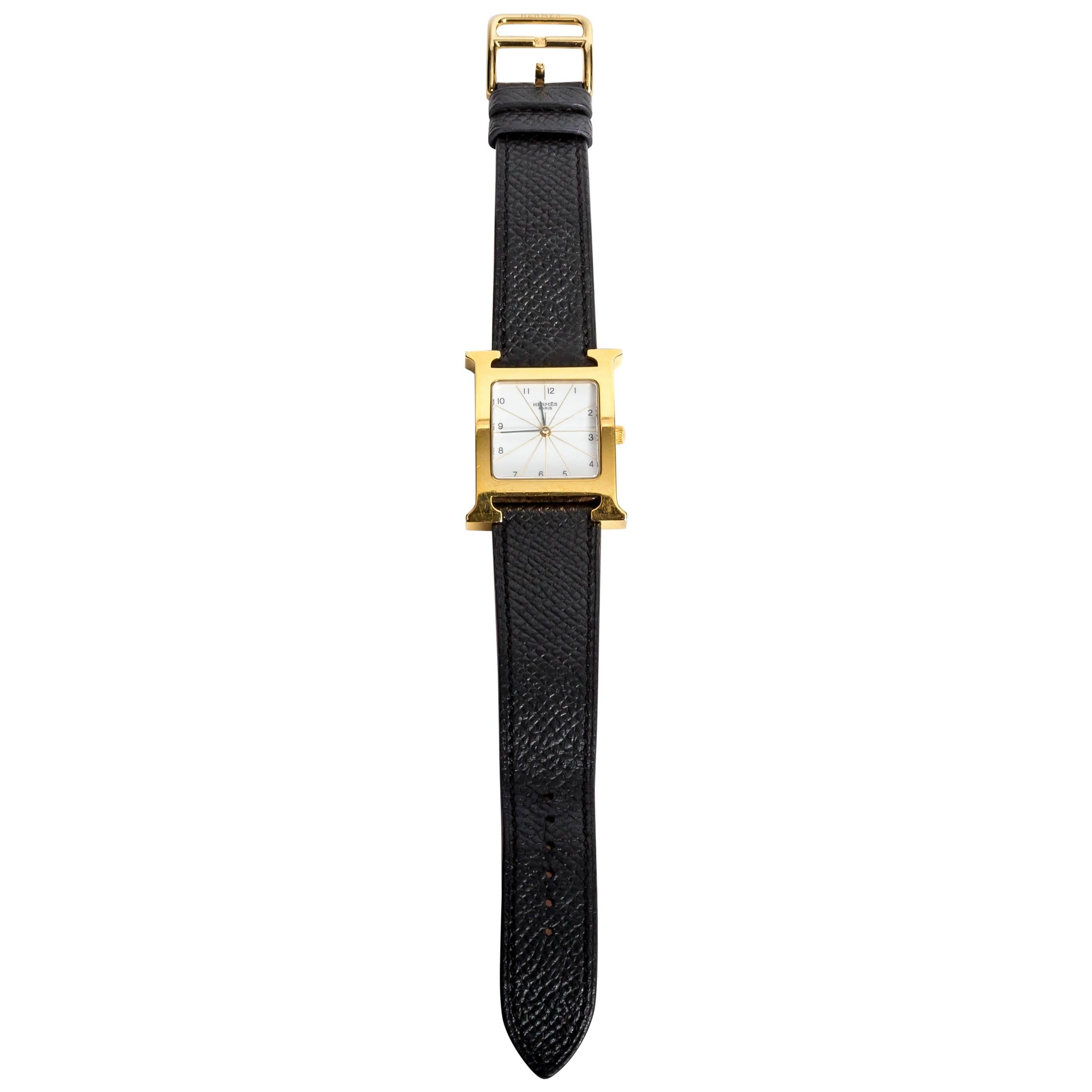 Hermes Heure H Watch in Goldtone Stainless Steel on a Grained Leather Strap