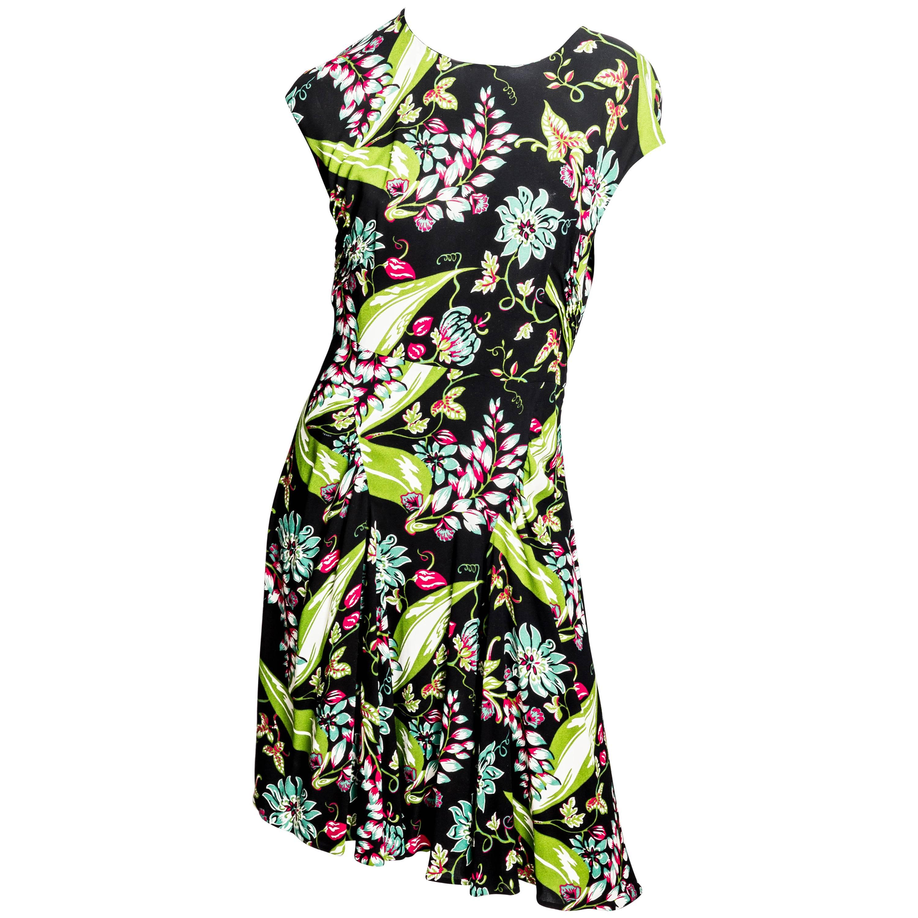 Prada Green and Black Floral Print Dress - Size 44