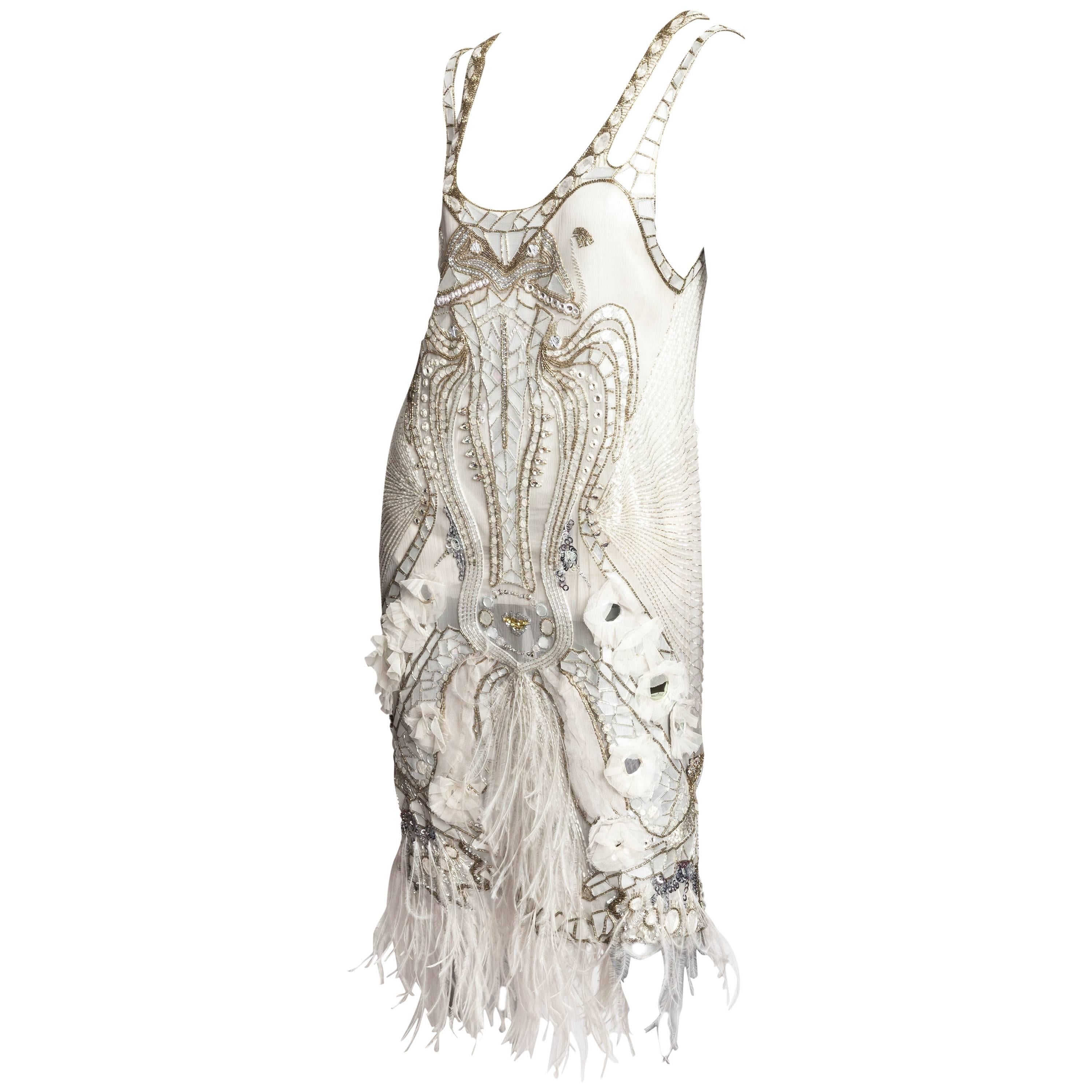 Emanuel Ungaro Beaded Cocktail Dress with Ostrich Feather Trim - 44