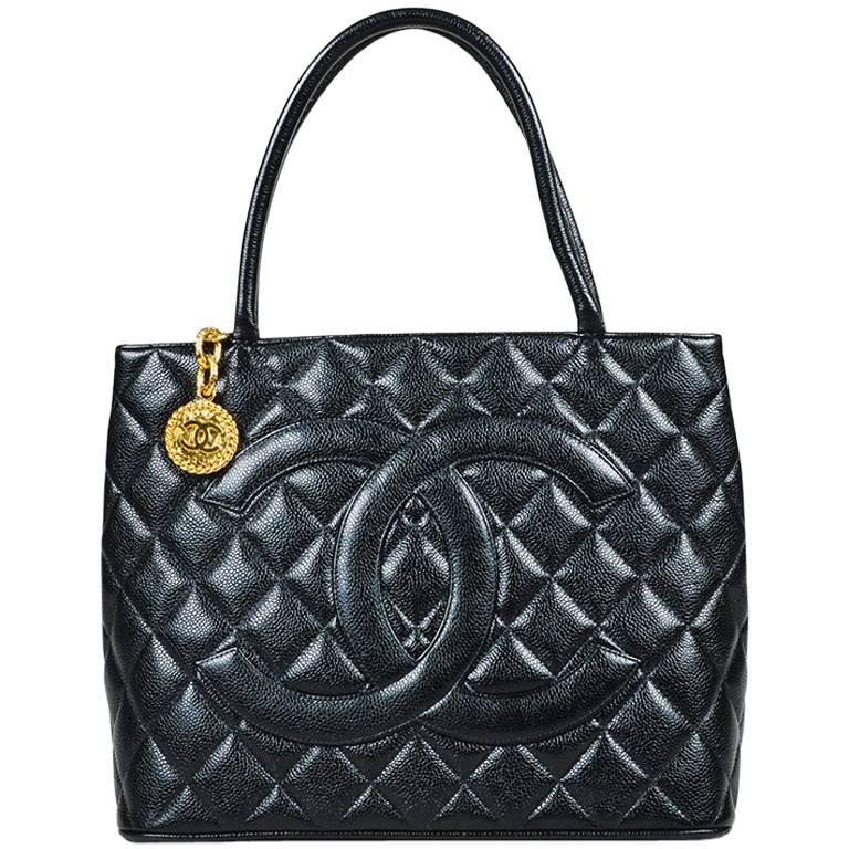 Vintage Chanel Black Caviar Leather Quilted Medallion Shoulder Tote Bag For Sale