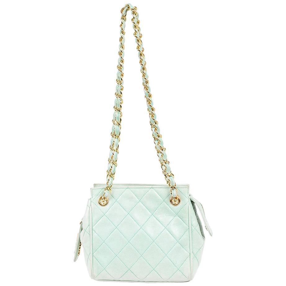 Vintage Mint Green Quilted Lambskin Leather Chain Strap Shoulder Bag For Sale