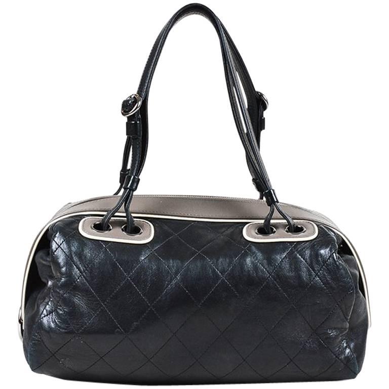 Chanel Black Quilted Leather Gray Trim "Country Club Bowler" Bag For Sale
