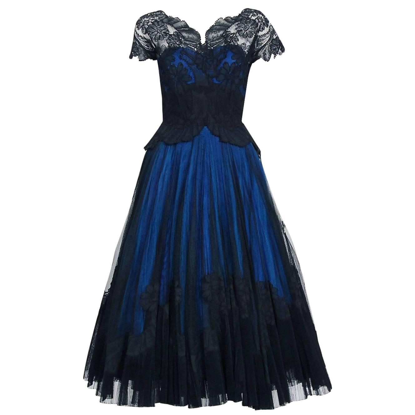 1955 Digby Morton Couture Black & Blue Floral Lace Illusion Pleated Party Dress