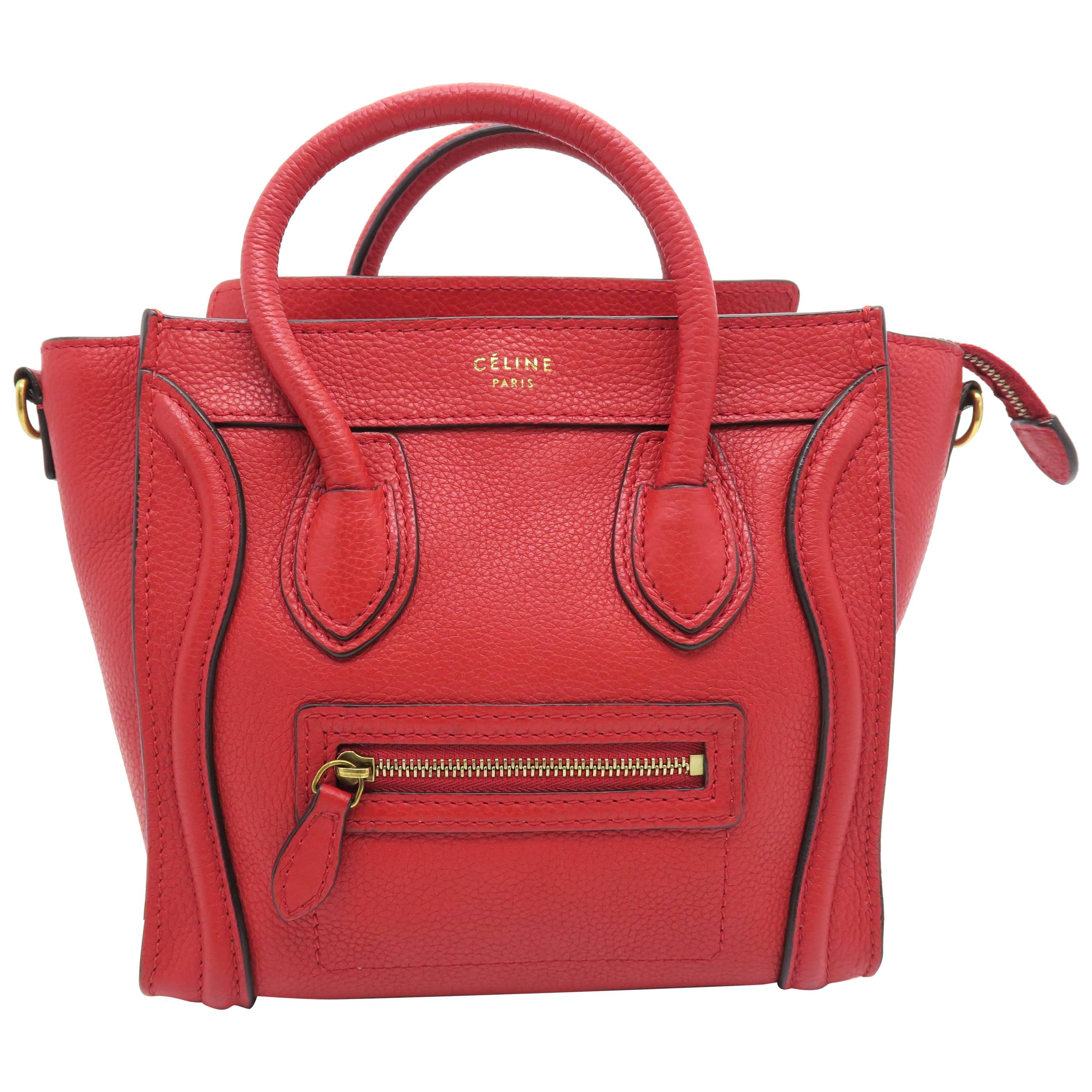 Celine Nano Luggage Red Calfskin Leather Satchel Bag For Sale
