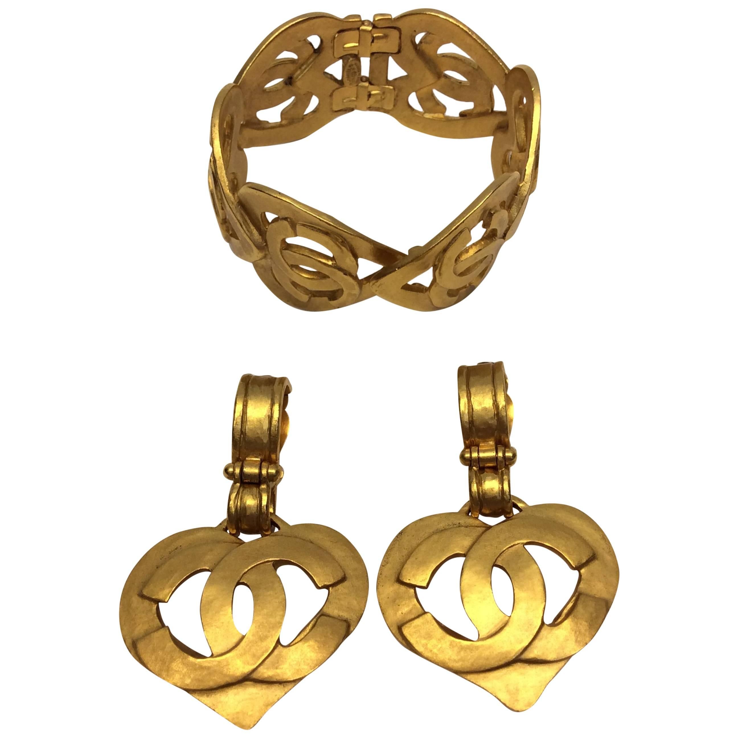 Chanel Gold Plated Heart Cuff and Earring Set For Sale