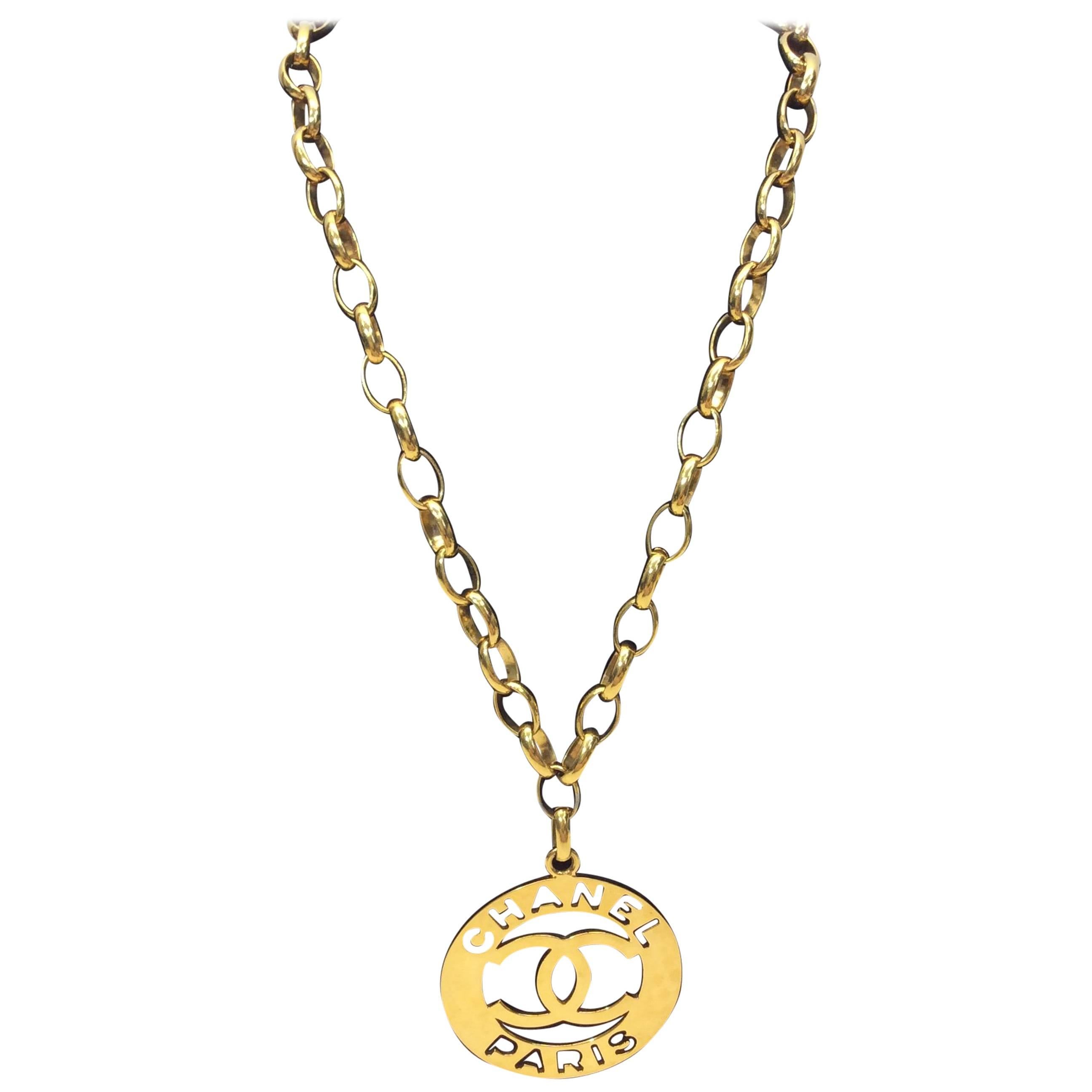 Chanel Gold Plated Logo Medallion Necklace For Sale