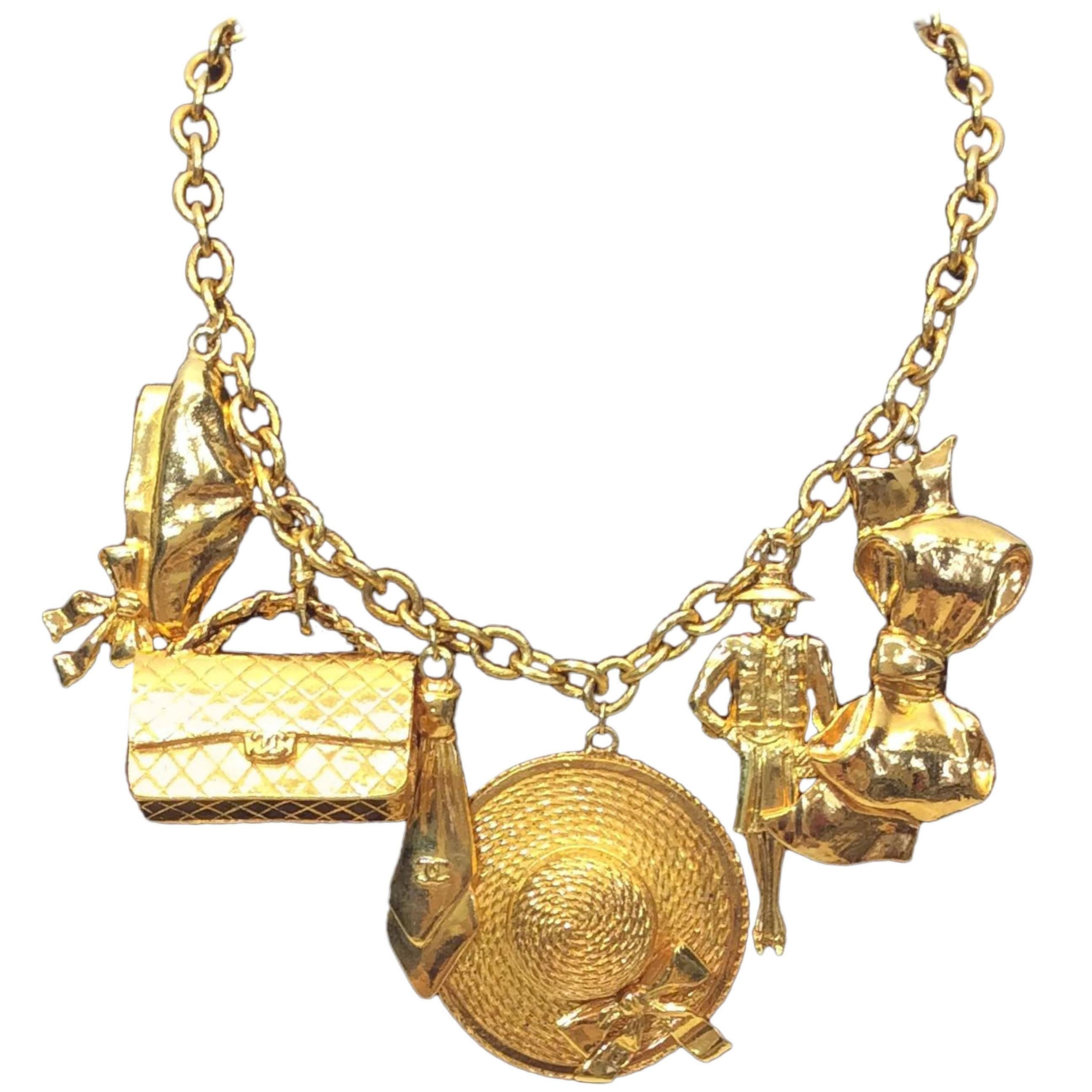 Chanel Gold Plated Charm Necklace For Sale