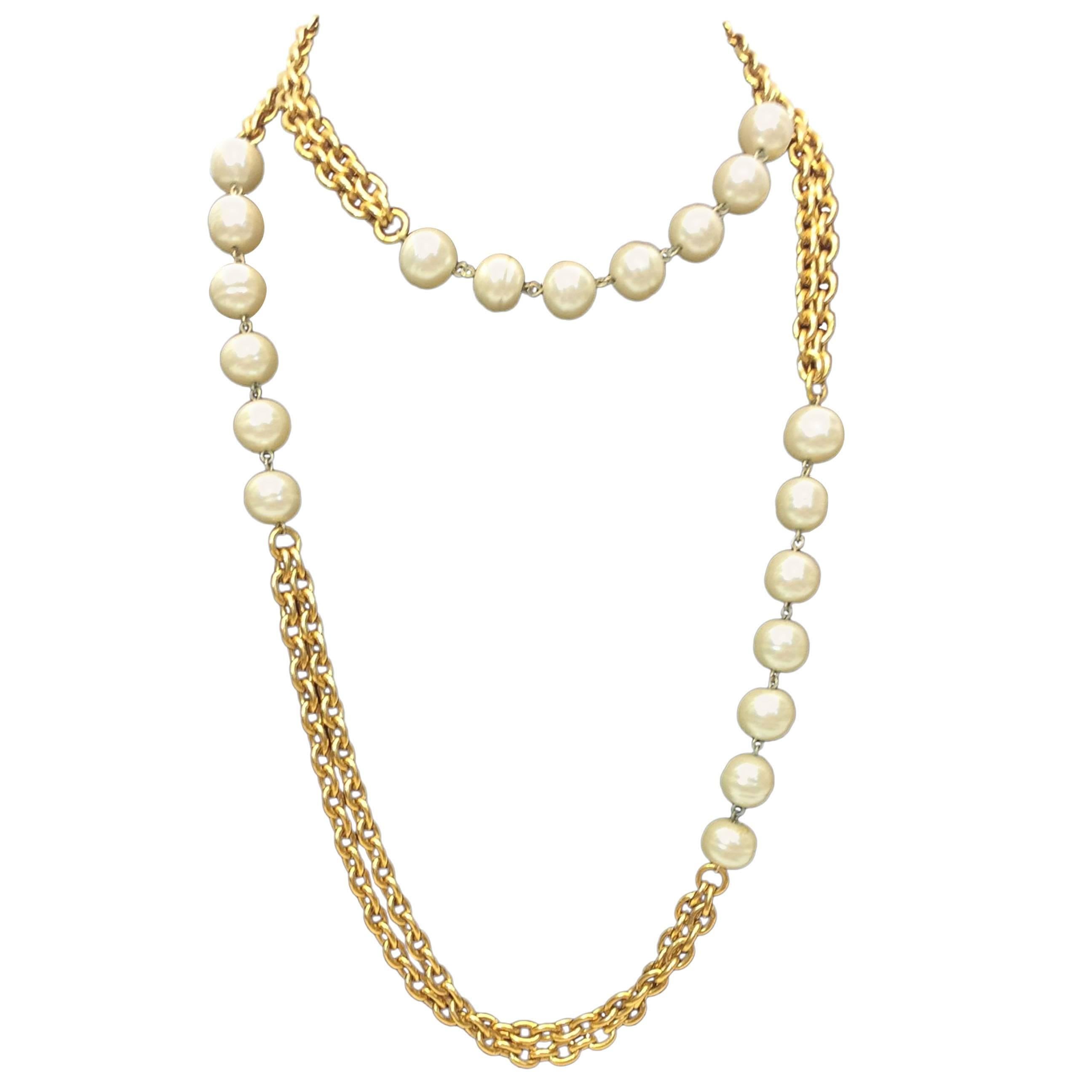 Chanel Gold Plated Chain Necklace with Pearl Details For Sale