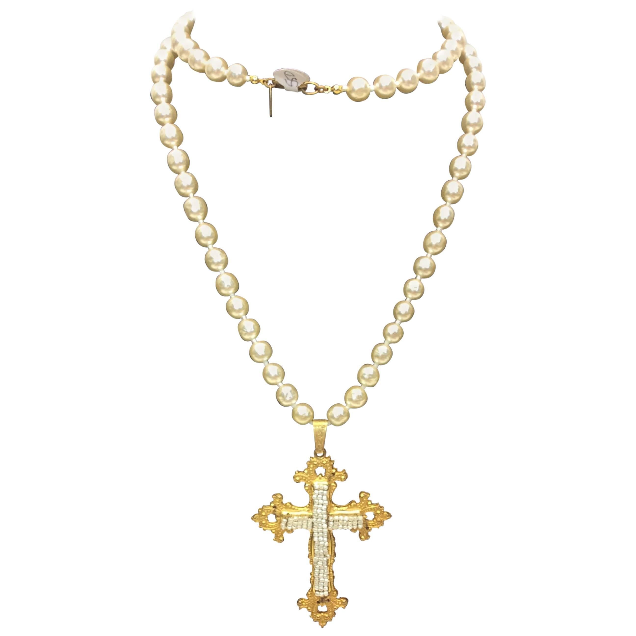 Miriam Haskell Embellished Cross Necklace with Pearl Chain For Sale
