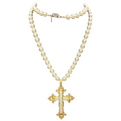 Miriam Haskell Embellished Cross Necklace with Pearl Chain