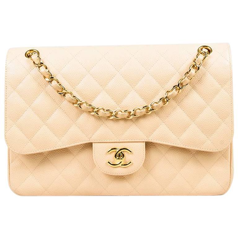 Chanel Beige Caviar Leather Quilted Jumbo "Classic Double Flap" Bag For Sale