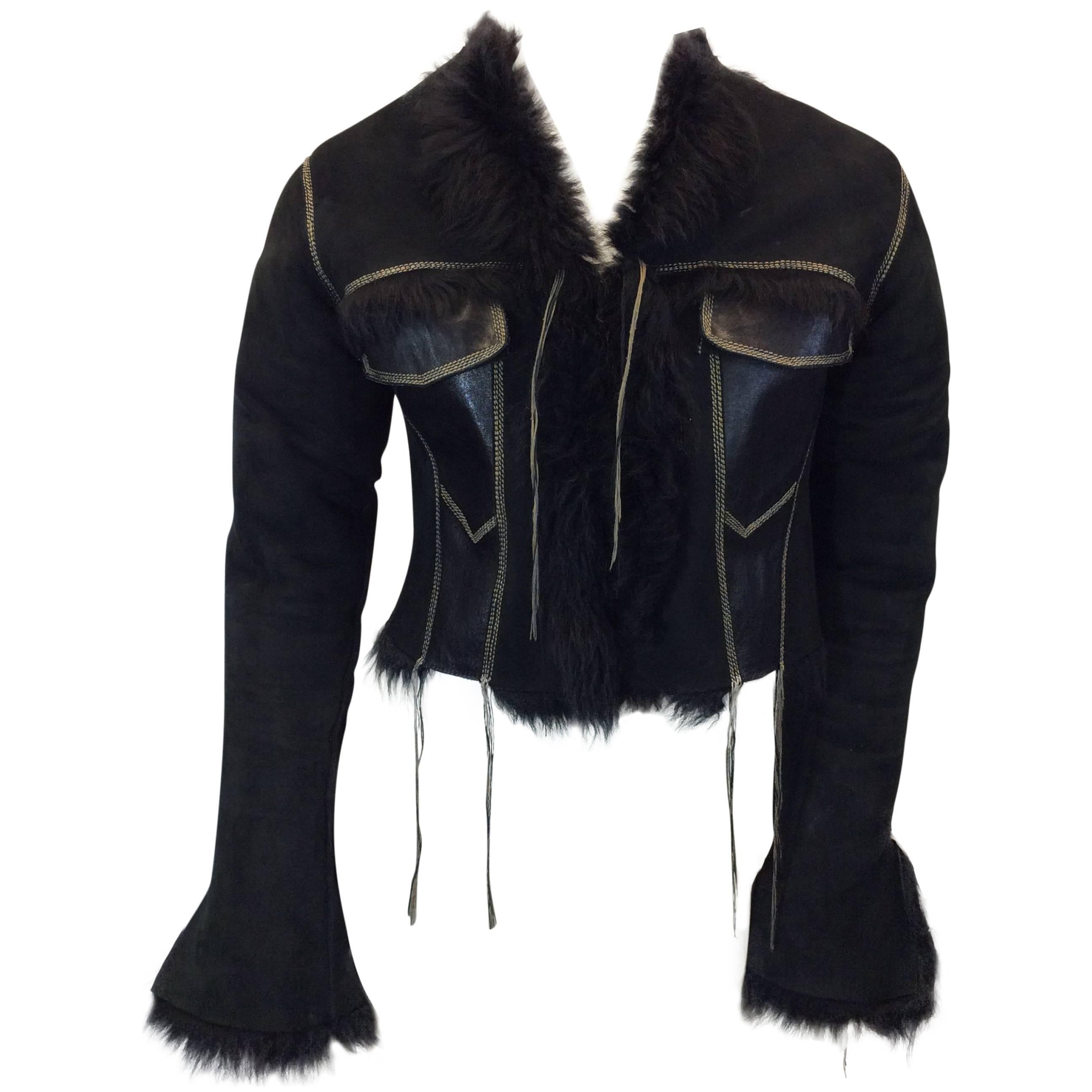 Garage Black Suede Cropped Jacket with Shearling Lining For Sale