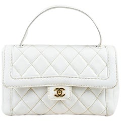 Chanel White Leather Quilted Top Handle "Wild Stitch" Satchel Bag