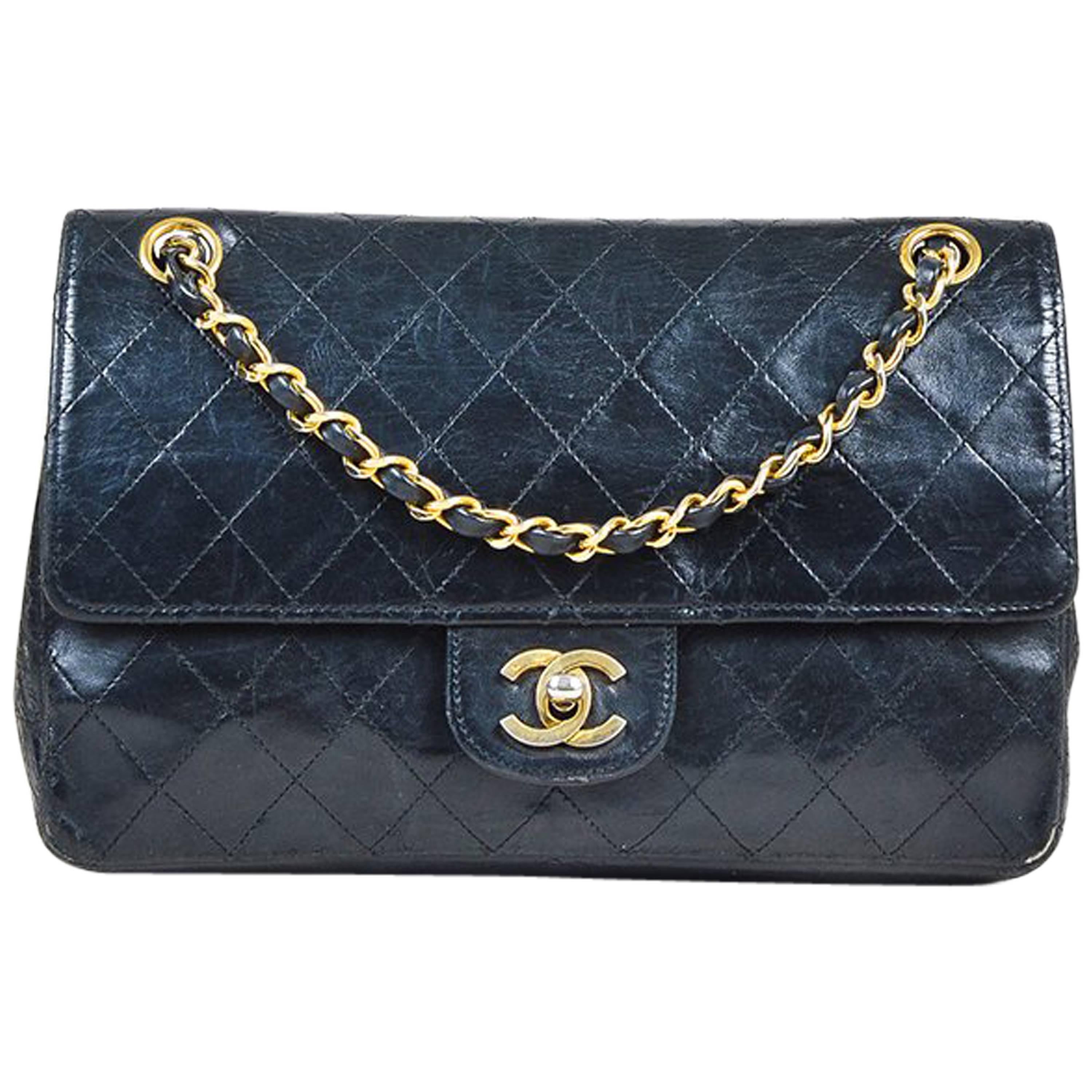 VINTAGE Chanel Black Leather Quilted "Classic Medium Double Flap" Shoulder Bag For Sale