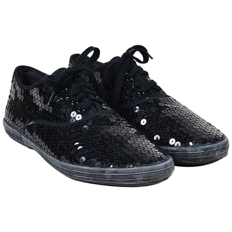 Comme des Garcons Black Sequined Lace Up Sneakers SZ 24.5 For Sale
