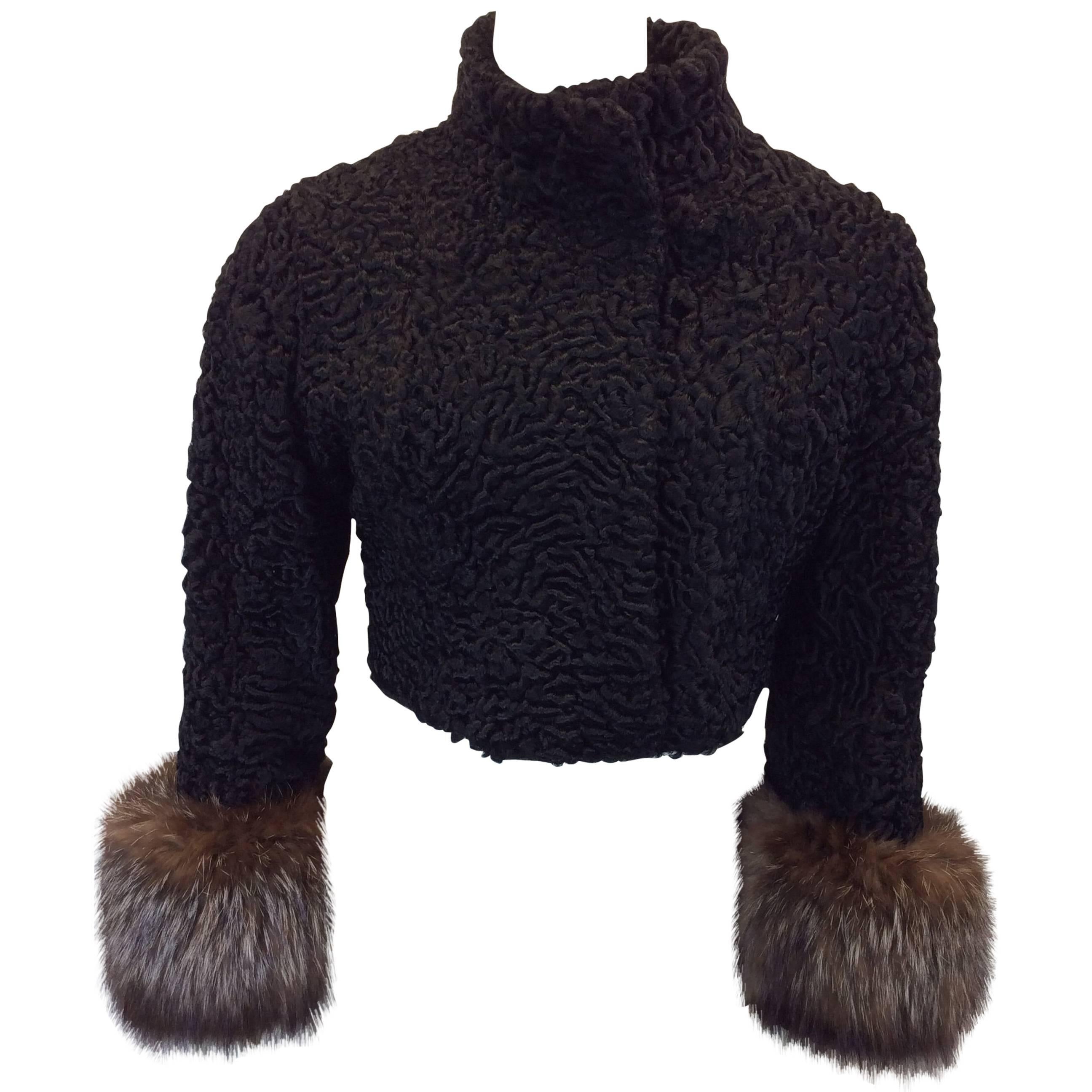 Vintage Black Cropped Textured Jacket with Furry Pouf Cuffs For Sale