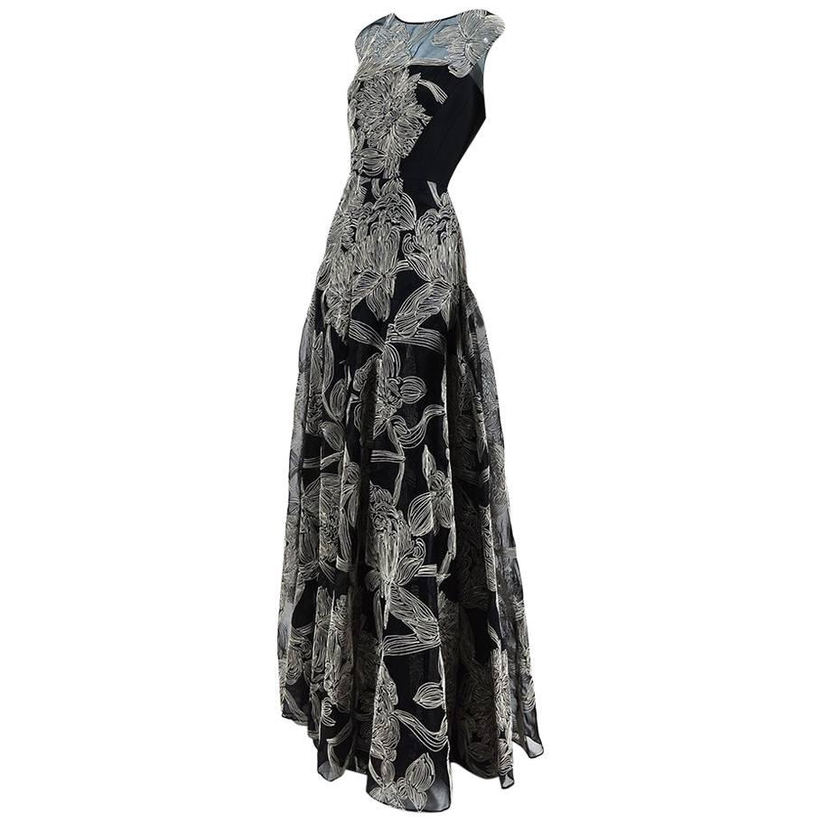 Carmen Marc Valvo Couture Black Silk Cream Embroidered SL Princess Gown SZ 4 For Sale