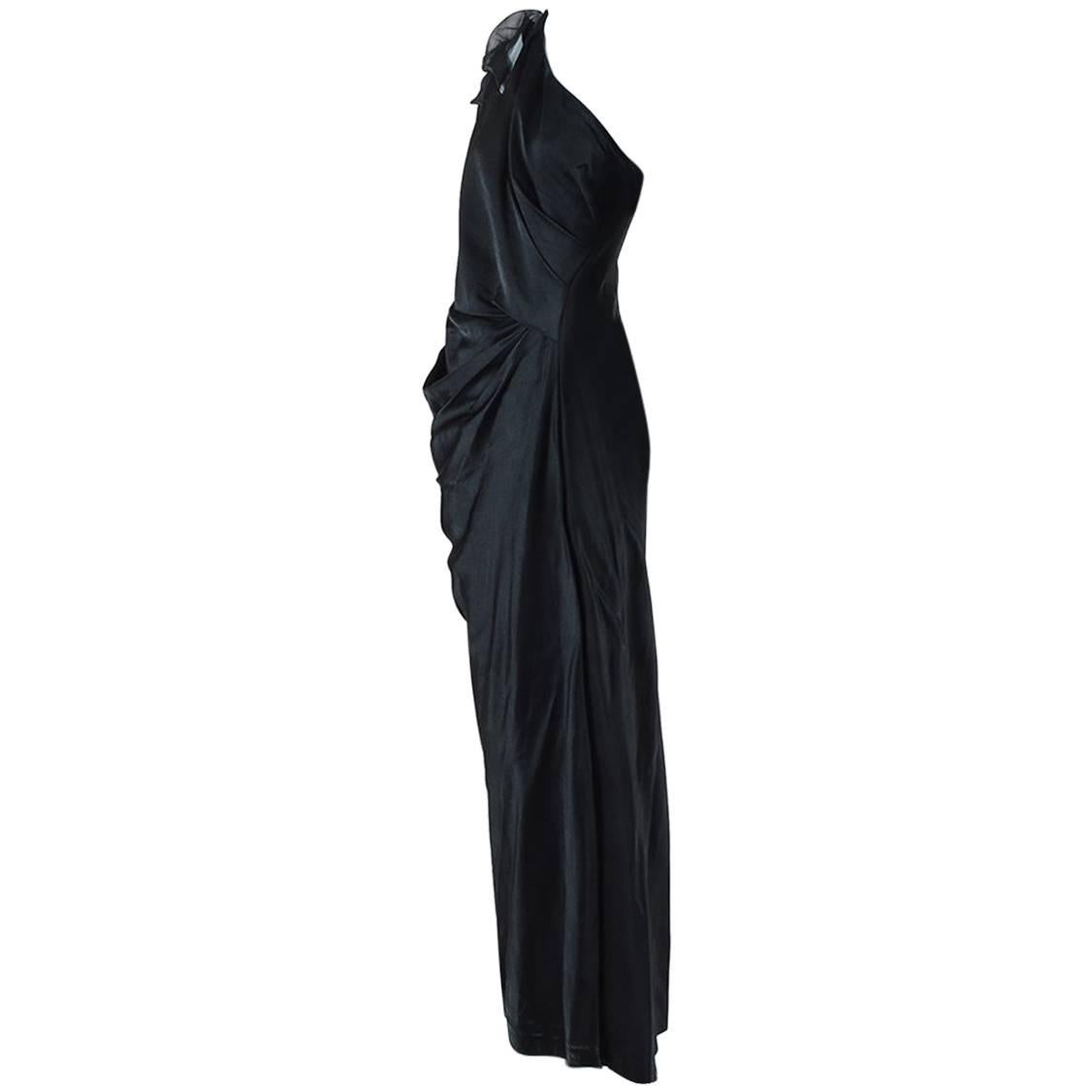 J. Mendel Black Silk Satin Gathered One Shoulder Gown SZ 14 For Sale